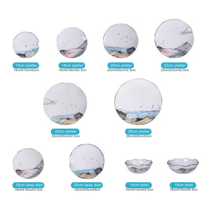 White Ceramic & Porcelain 10-Piece Dinnerware Set with Colorful Mountain Design and Shiny Surface