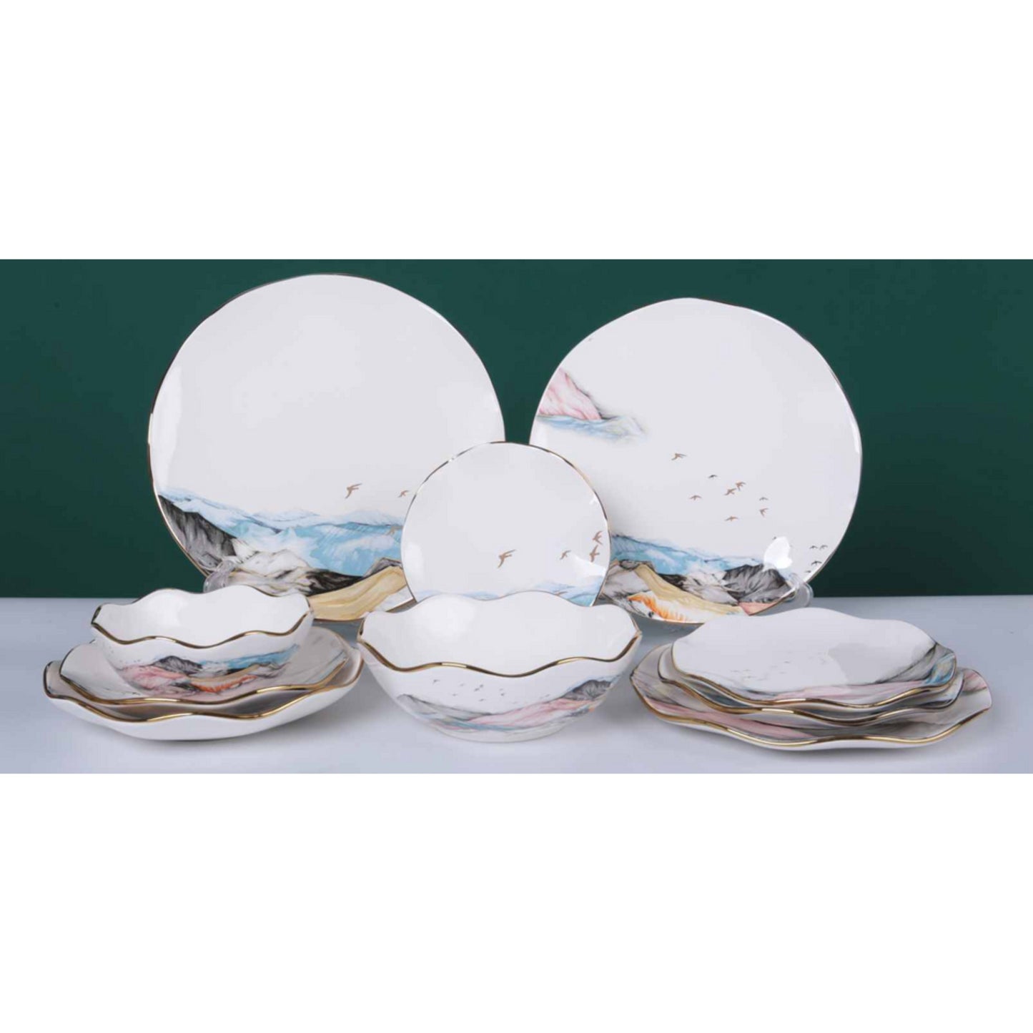 White Ceramic & Porcelain 10-Piece Dinnerware Set with Colorful Mountain Design and Shiny Surface