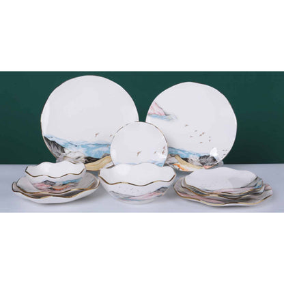 White Ceramic & Porcelain 10-Piece Dinnerware Set with Colorful Mountain Design and Shiny Surface