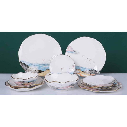 White Ceramic & Porcelain 10-Piece Dinnerware Set with Colorful Mountain Design and Shiny Surface