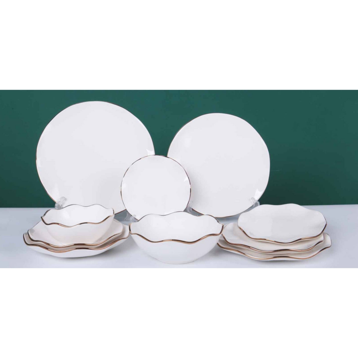 White Ceramic & Porcelain 10-Piece Dinnerware Set with Golden Edges and Shiny Surface