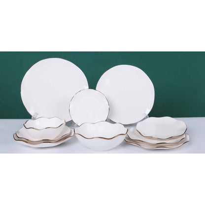 White Ceramic & Porcelain 10-Piece Dinnerware Set with Golden Edges and Shiny Surface