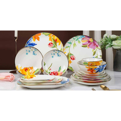 Floral White Ceramic Dinnerware Set with Shiny Surface – 14-Piece Collection