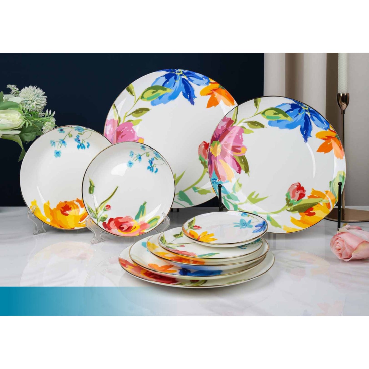 Floral White Ceramic Dinnerware Set with Shiny Surface – 9-Piece Collection