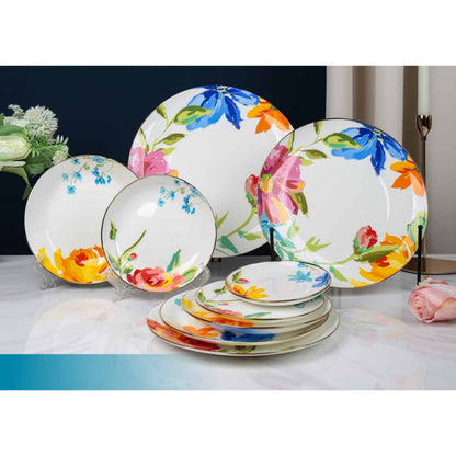 Floral White Ceramic Dinnerware Set with Shiny Surface – 9-Piece Collection