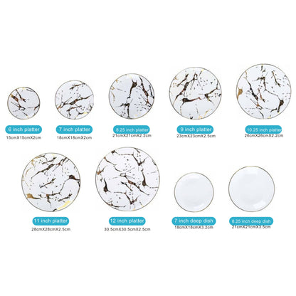 Marble-Effect White Ceramic Dinnerware Set with Golden Edges – 9-Piece Collection
