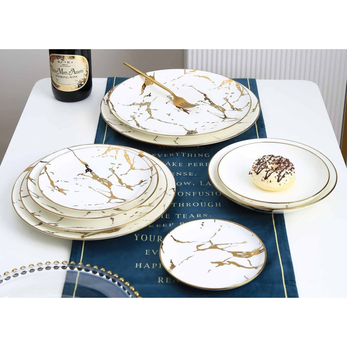 Marble-Effect White Ceramic Dinnerware Set with Golden Edges – 9-Piece Collection