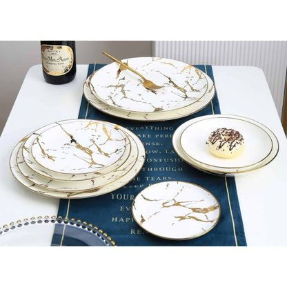 Marble-Effect White Ceramic Dinnerware Set with Golden Edges – 9-Piece Collection