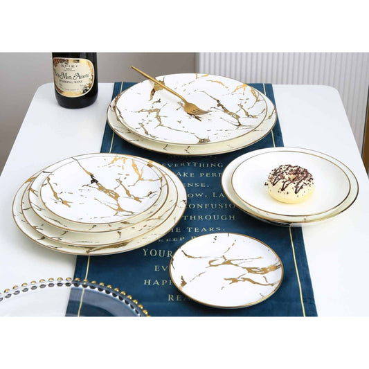 Marble-Effect White Ceramic Dinnerware Set with Golden Edges – 9-Piece Collection