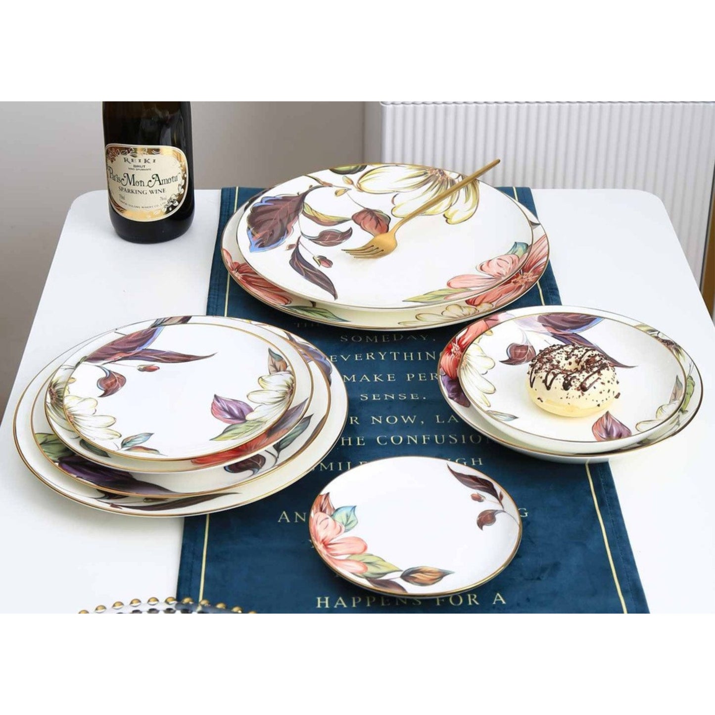 Floral White Ceramic Dinnerware Set with Golden Edges – 9-Piece Collection