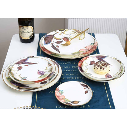 Floral White Ceramic Dinnerware Set with Golden Edges – 9-Piece Collection