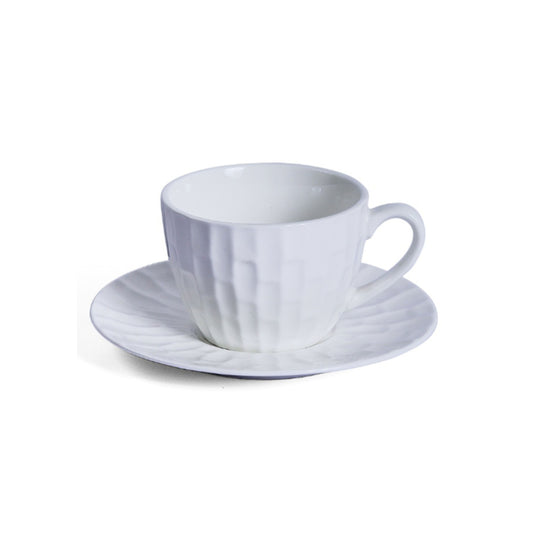 Porcelain coffee cup and saucer set with timeless form and glossy finish