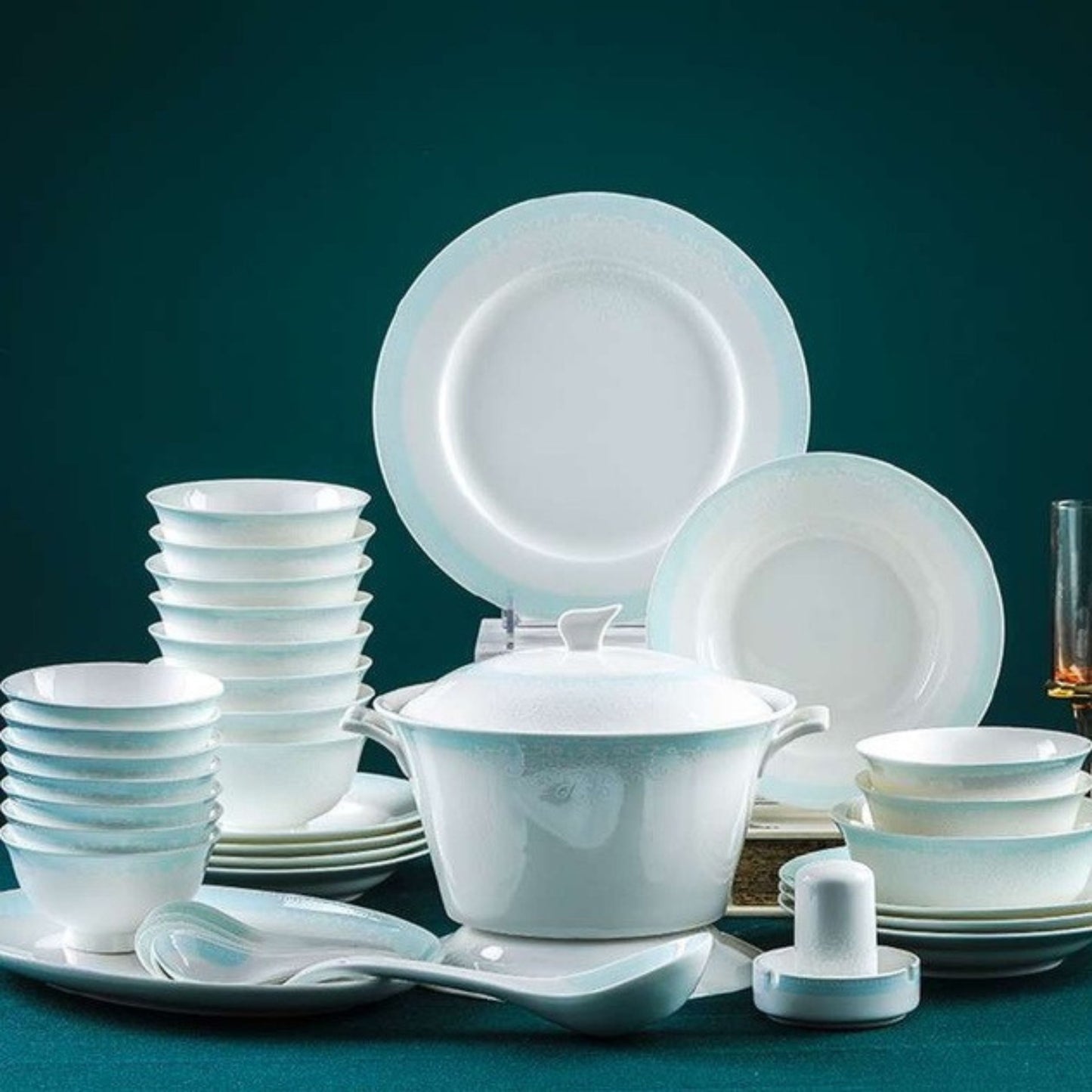 Lotus Pond Aegean Sea bone china crockery set with textured dotted surface