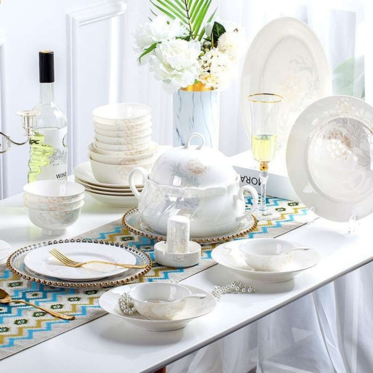 Ya bone china crockery set with floral print and graceful detailing