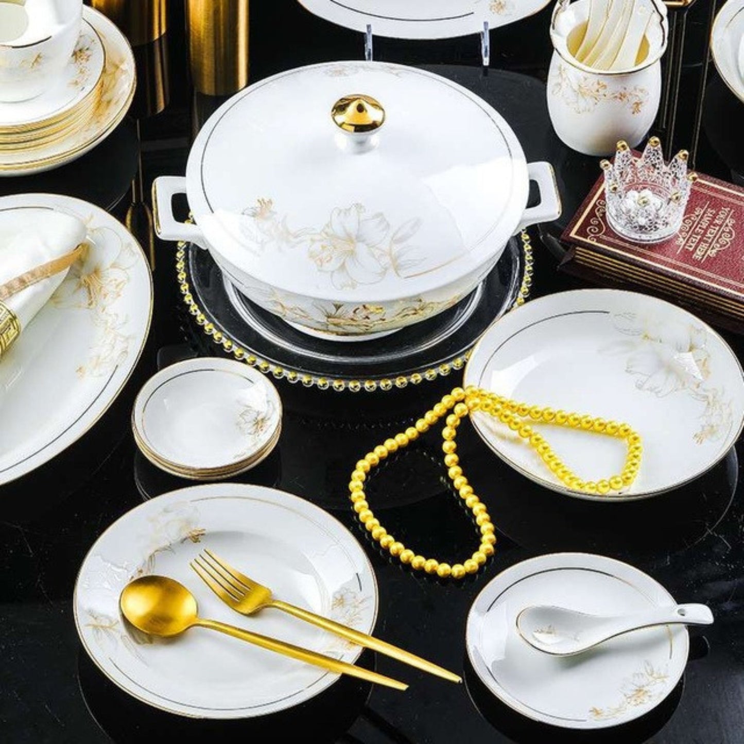 Golden Lily bone china crockery set with floral pattern and golden edges