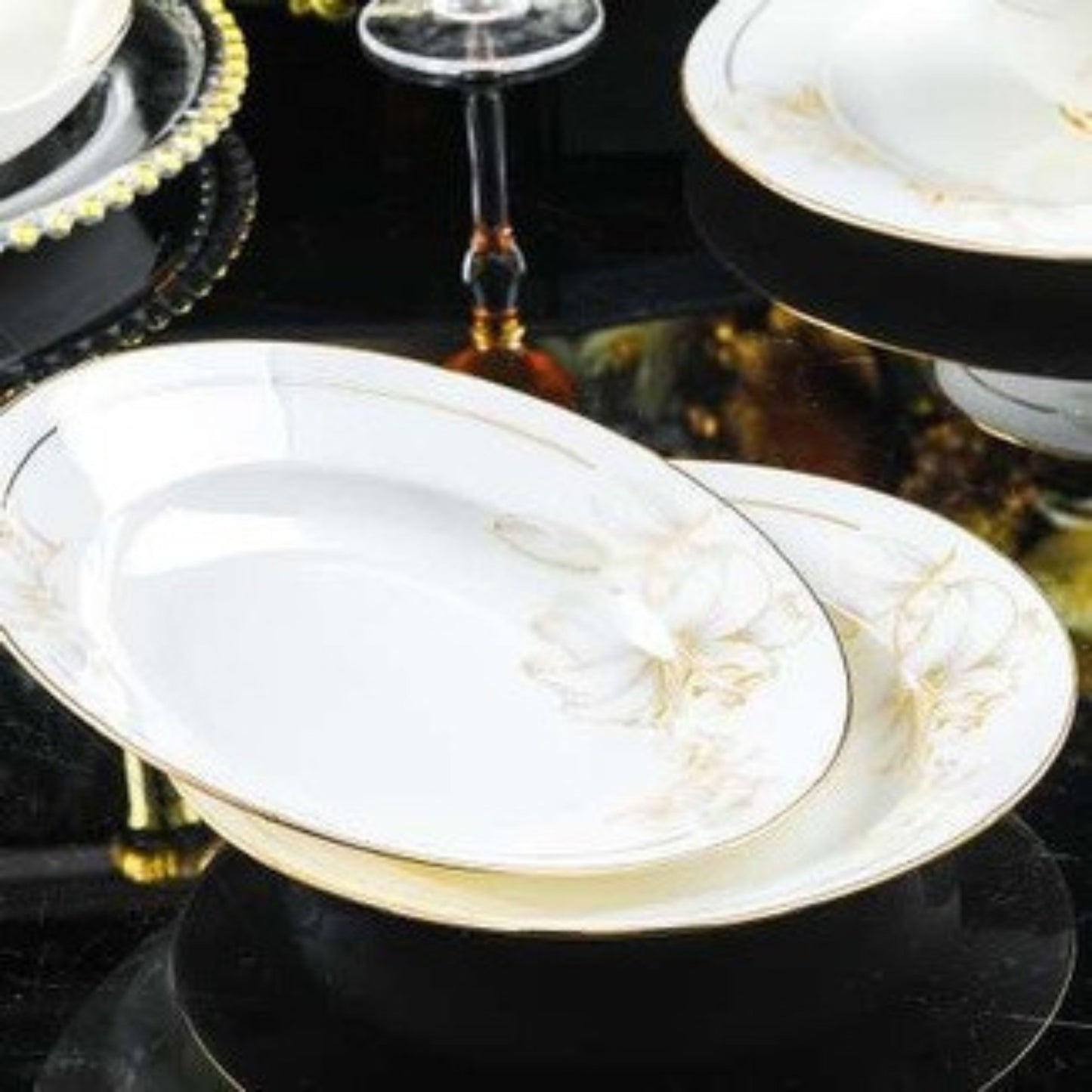 Golden Lily bone china crockery set with floral pattern and golden edges
