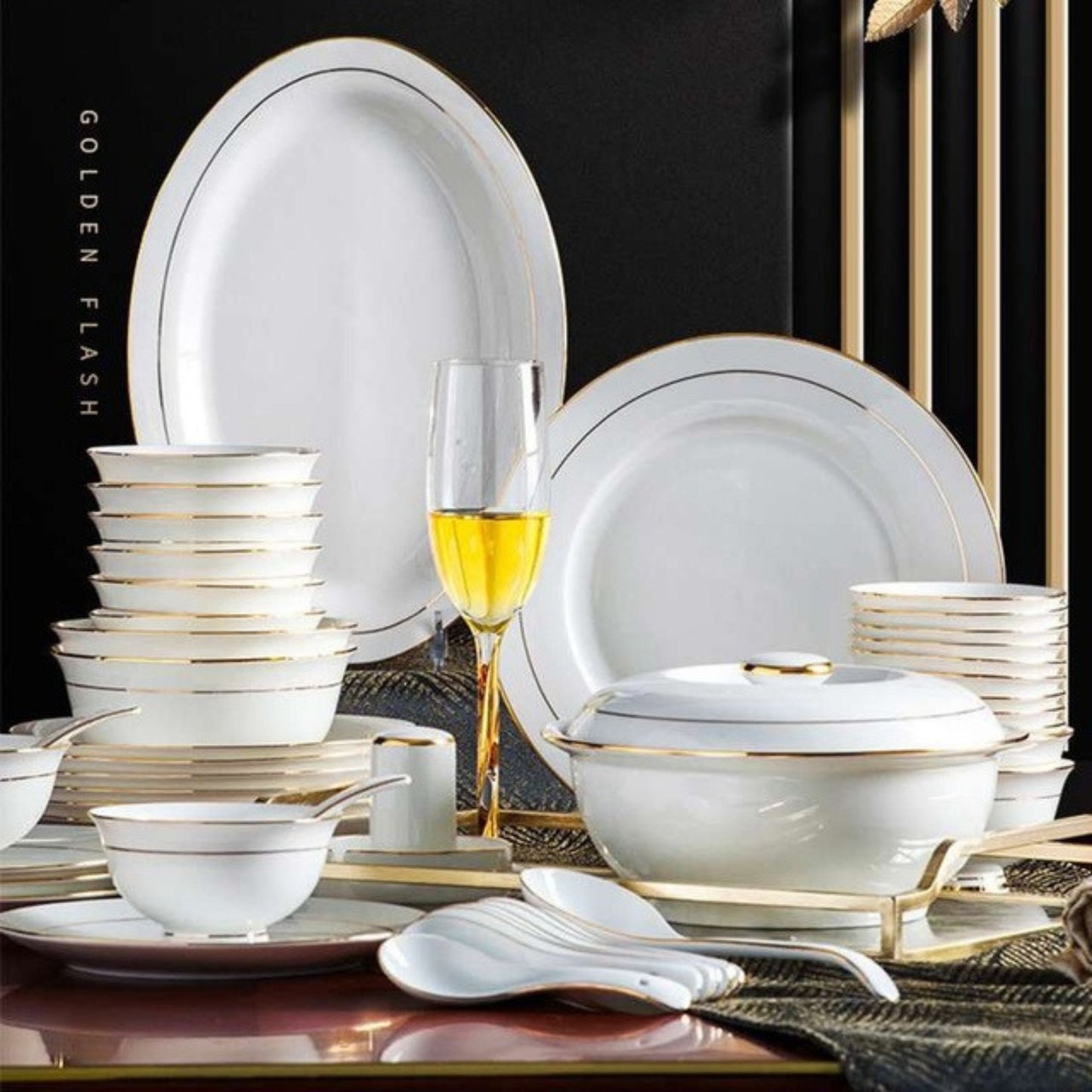 Golden Jade bone china crockery set with golden lines and gilded edges
