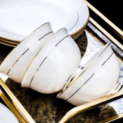Golden Jade bone china crockery set with golden lines and gilded edges