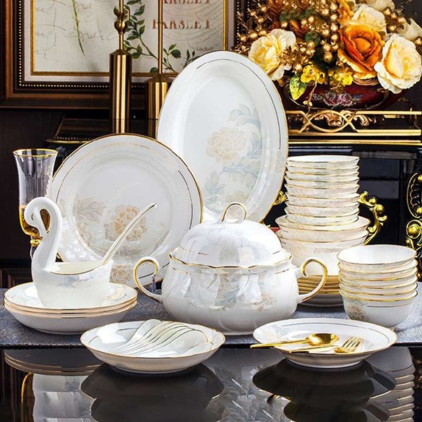 Delicate Elegance bone china crockery set with floral pattern, golden lines, and gilded edges