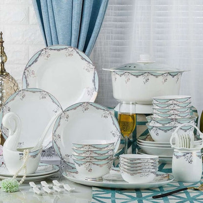 Elegant Grace bone china crockery set with light blue floral design