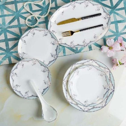 Elegant Grace bone china crockery set with light blue floral design