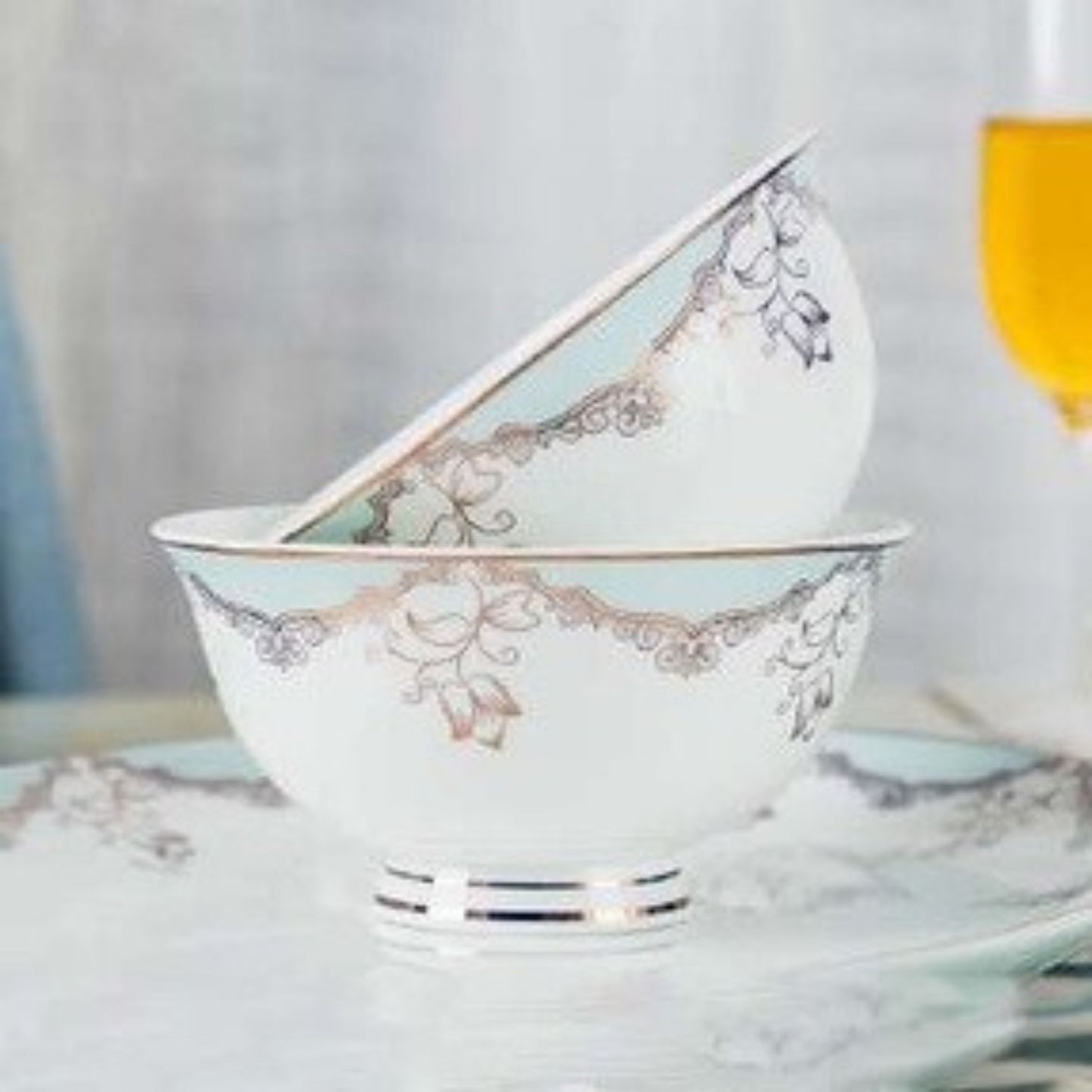 Elegant Grace bone china crockery set with light blue floral design