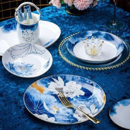 Sheng He Blue Rhythm bone china crockery set with blue floral background and white flowers