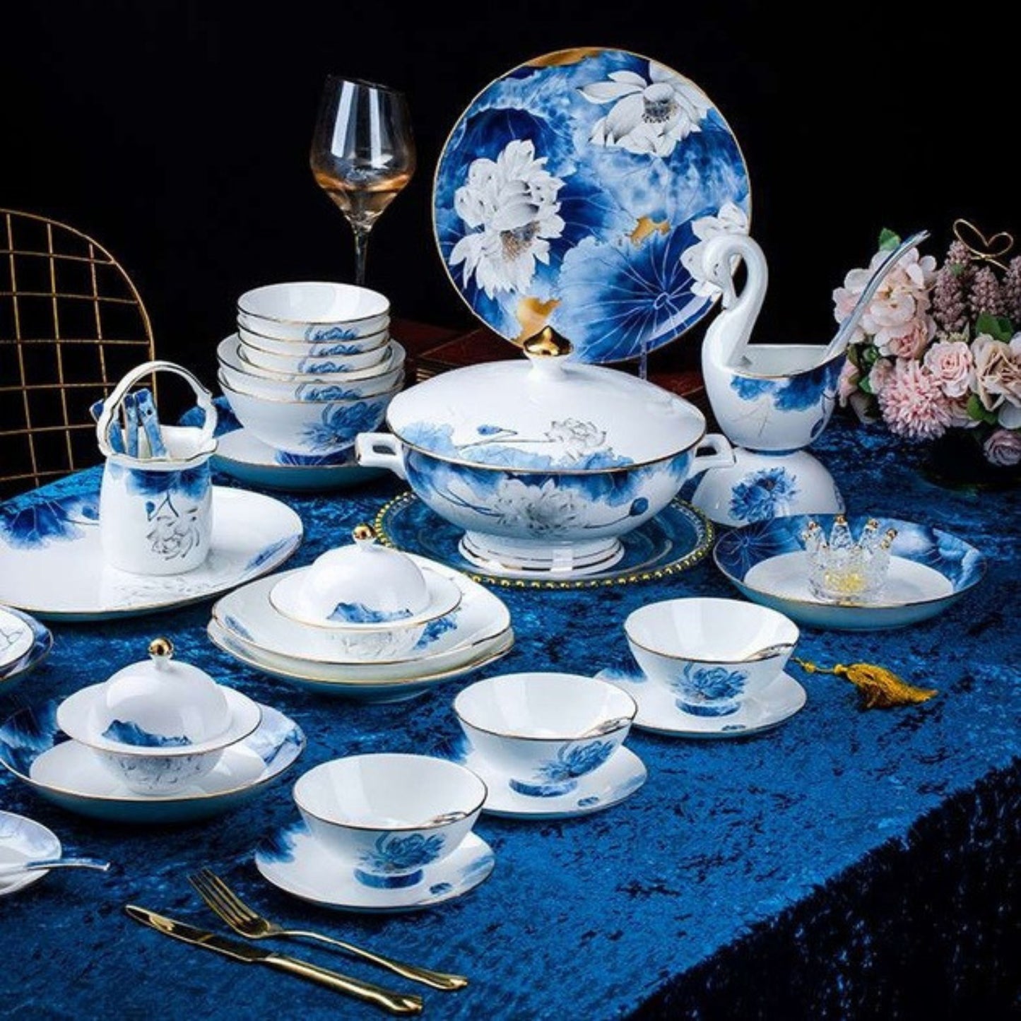 Sheng He Blue Rhythm bone china crockery set with blue floral background and white flowers