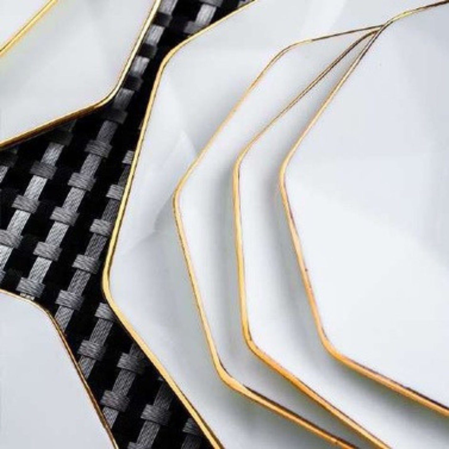 Golden Octagon bone china crockery set with diamond pattern and golden edges