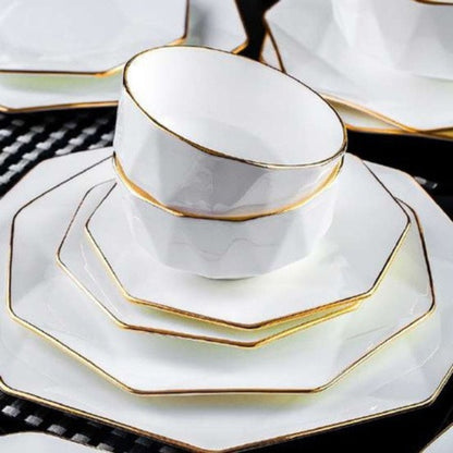 Golden Octagon bone china crockery set with diamond pattern and golden edges