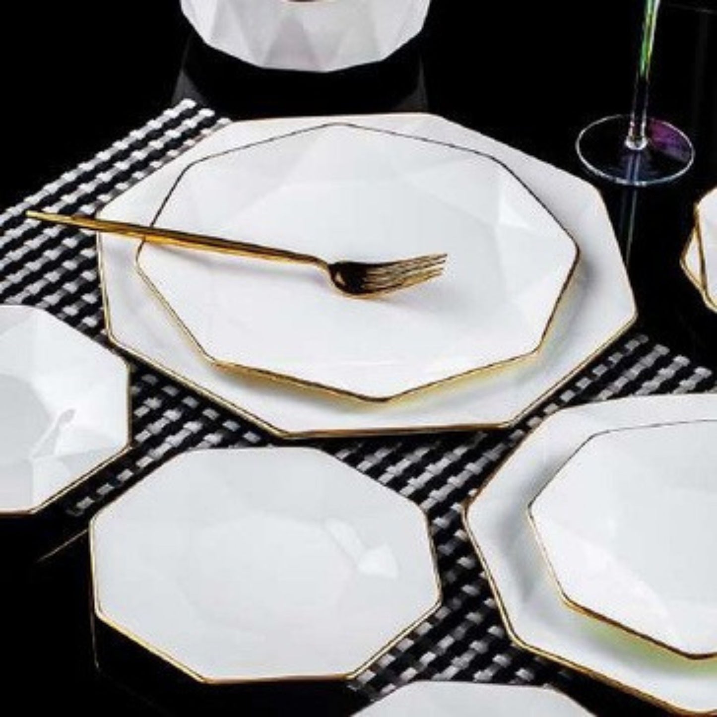 Golden Octagon bone china crockery set with diamond pattern and golden edges