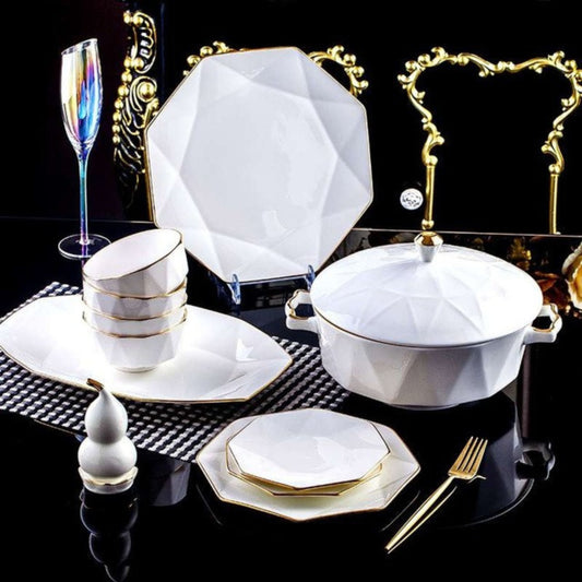 Golden Octagon bone china crockery set with diamond pattern and golden edges
