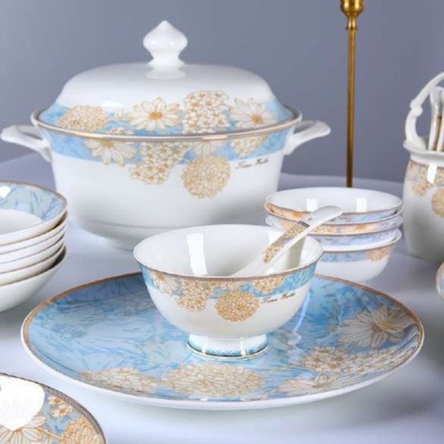Time Stroll bone china crockery set with light blue design and white flowers