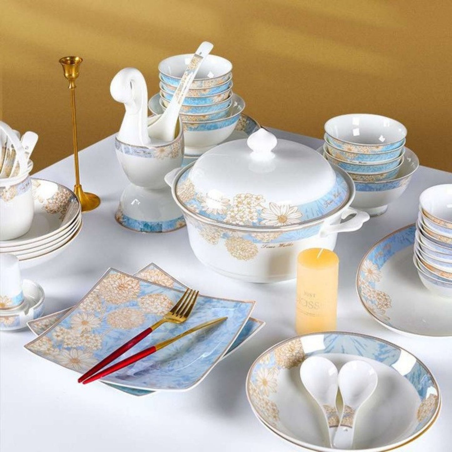 Time Stroll bone china crockery set with light blue design and white flowers