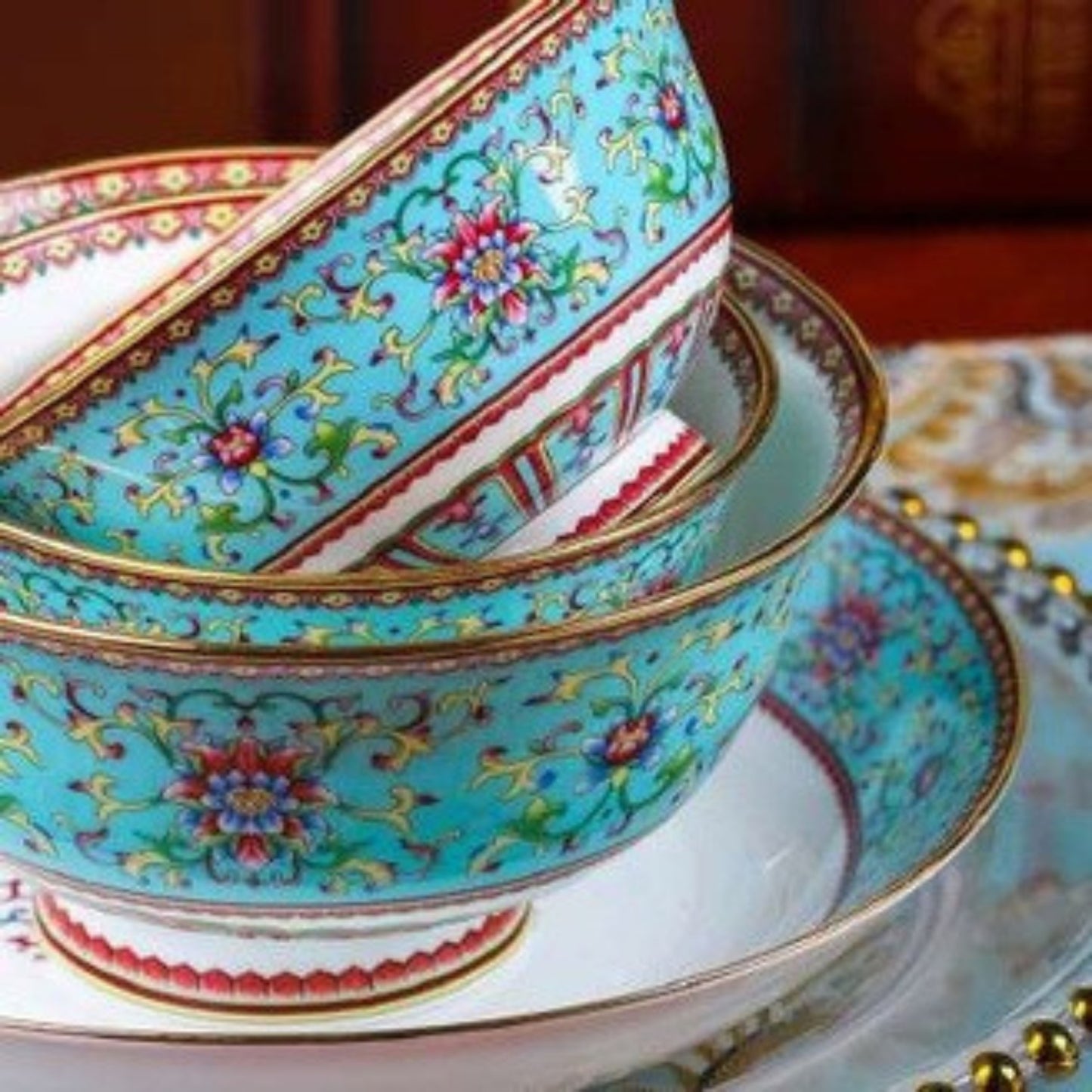 Royal Garden bone china crockery set with light blue and purple floral design