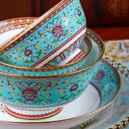 Royal Garden bone china crockery set with light blue and purple floral design