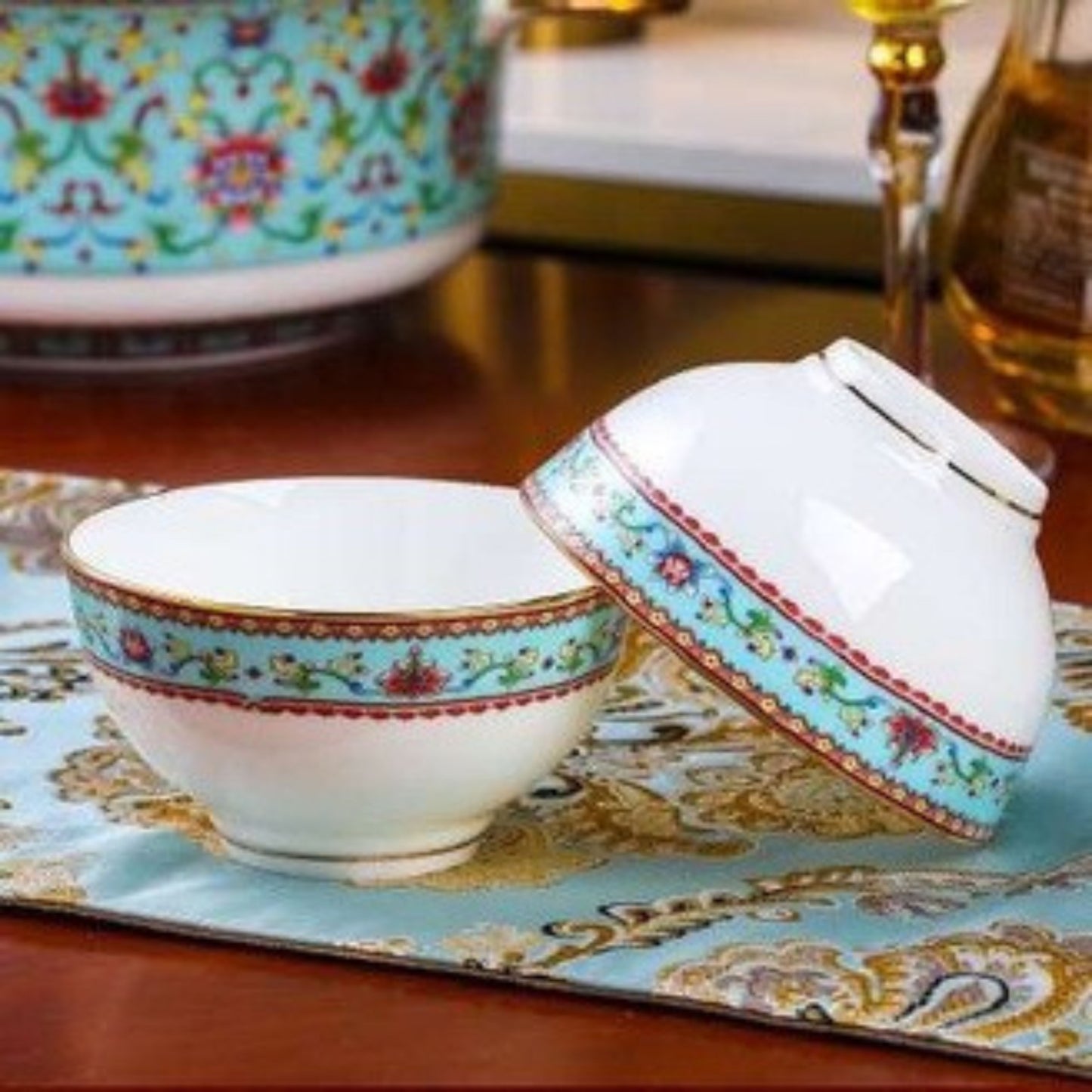 Royal Garden bone china crockery set with light blue and purple floral design