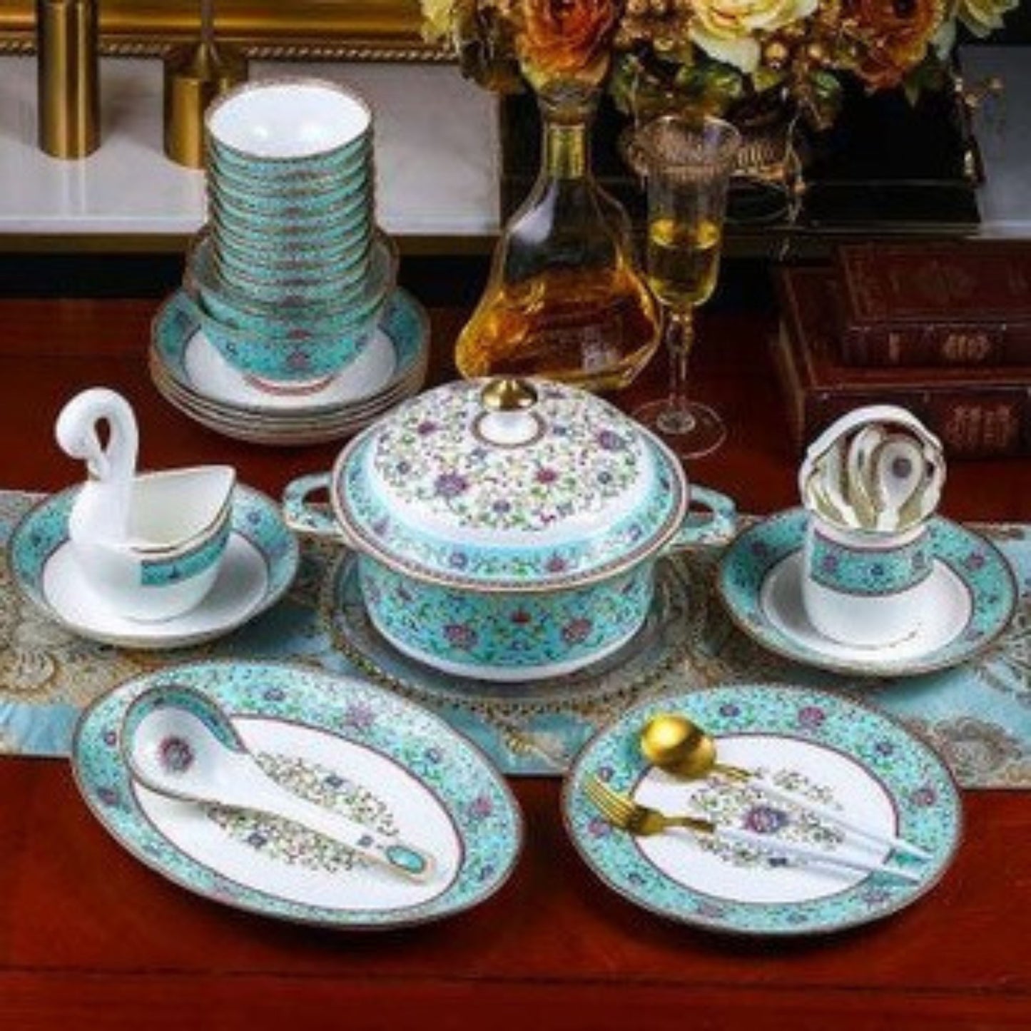 Royal Garden bone china crockery set with light blue and purple floral design