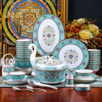 Royal Garden bone china crockery set with light blue and purple floral design