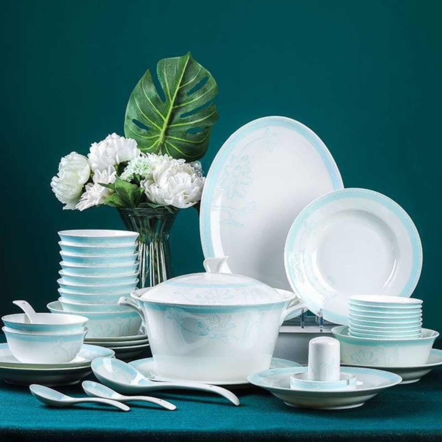 Lotus Pond Moonlight bone china crockery set with simple light blue floral design