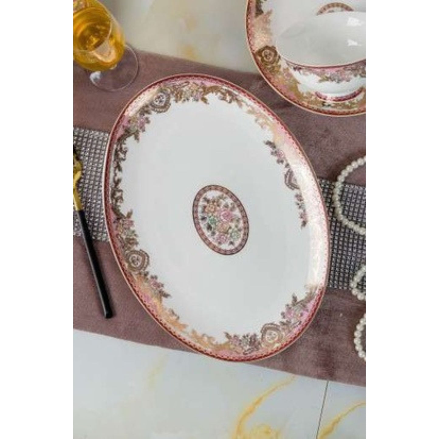 Eternal Heart bone china crockery set with red and brown floral design