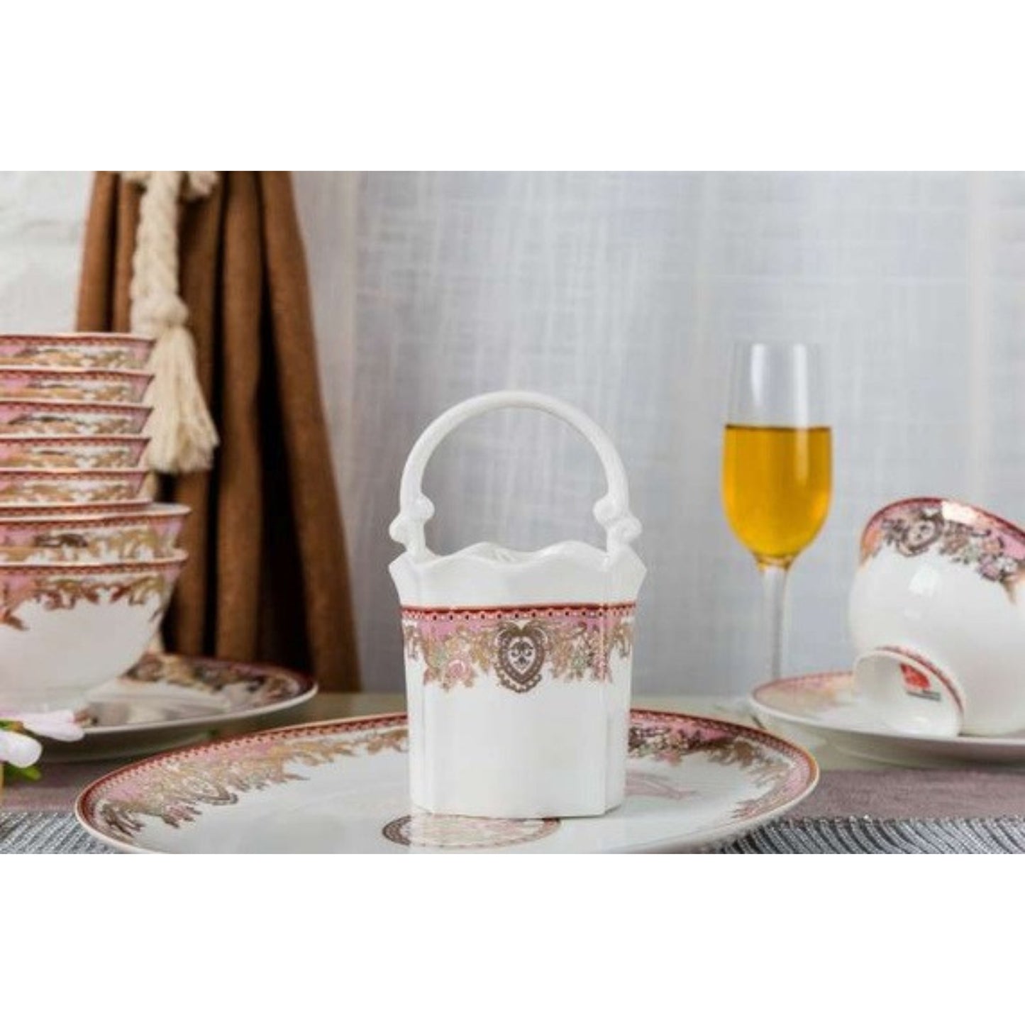 Eternal Heart bone china crockery set with red and brown floral design