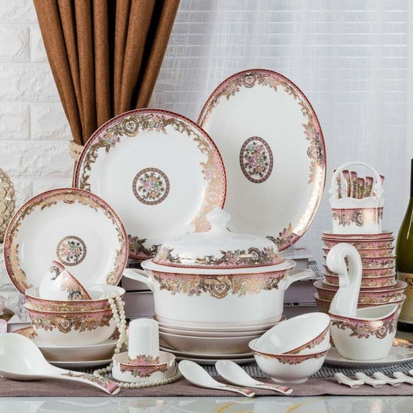 Eternal Heart bone china crockery set with red and brown floral design