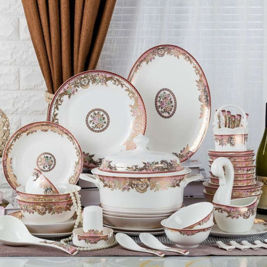 Eternal Heart bone china crockery set with red and brown floral design