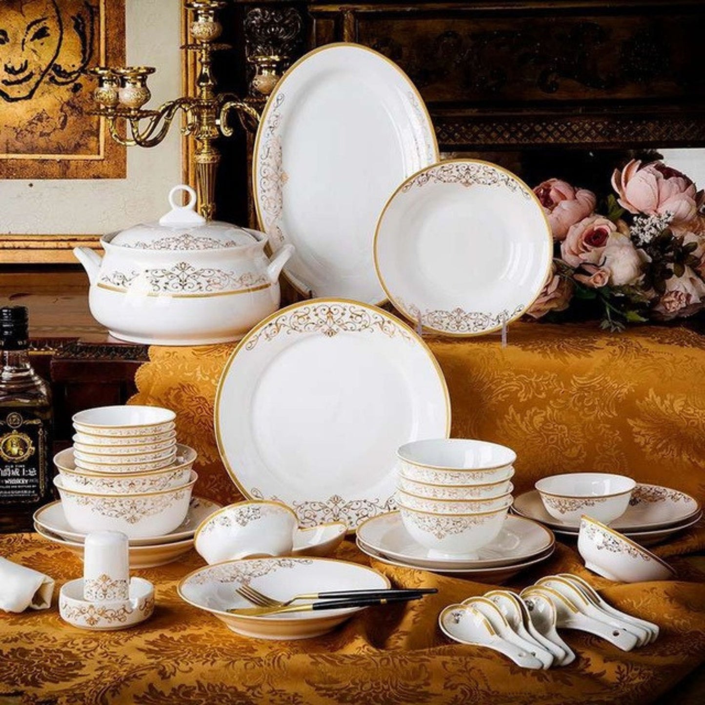 Longing Love bone china crockery set with red floral design and golden edges