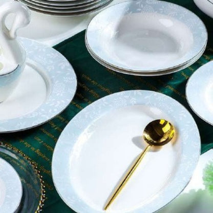 Floral Dawn & Moonlight bone china crockery set with light blue and white floral design