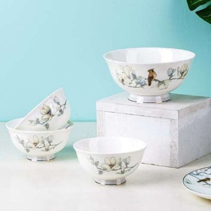 Birdsong & Blossoms bone china crockery set with white and blue floral design