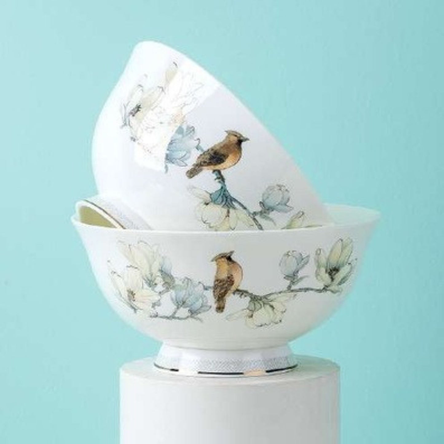 Birdsong & Blossoms bone china crockery set with white and blue floral design