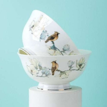 Birdsong & Blossoms bone china crockery set with white and blue floral design