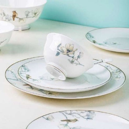 Birdsong & Blossoms bone china crockery set with white and blue floral design